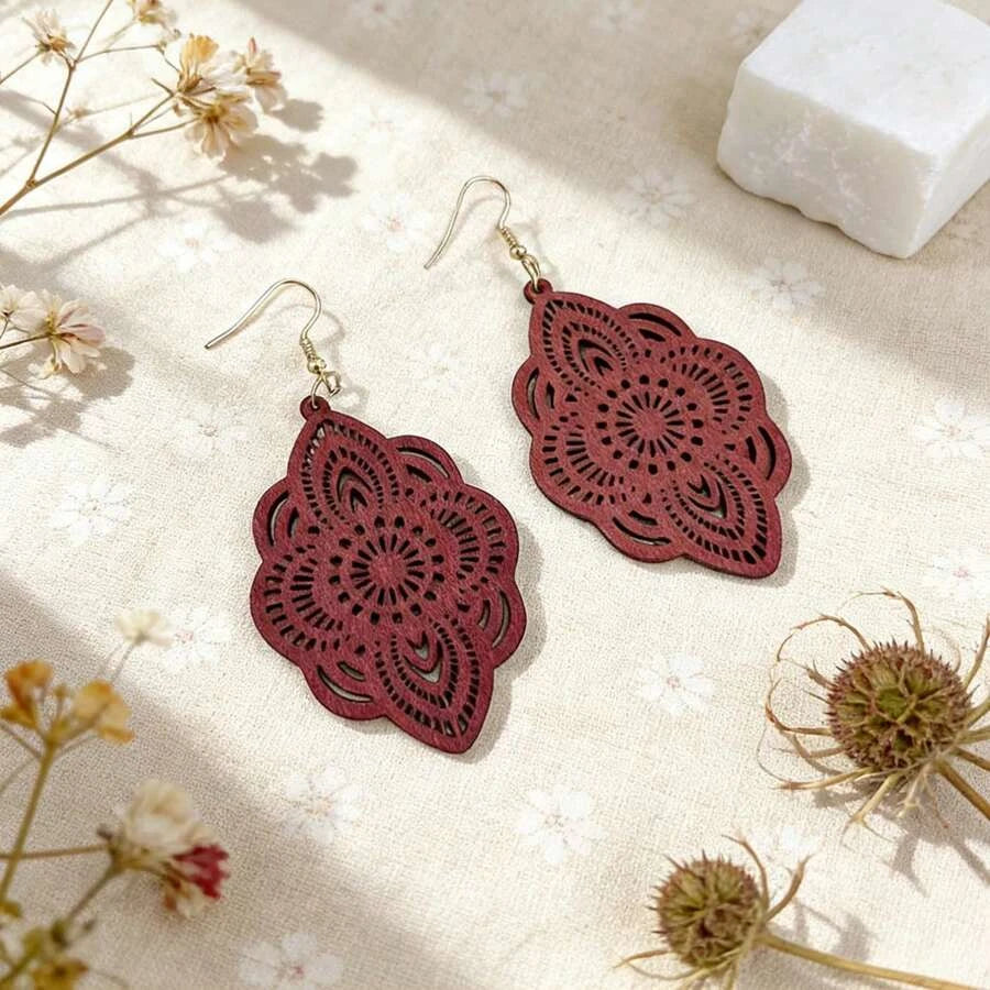 Wooden Lace Pattern Carved Pendant Earrings