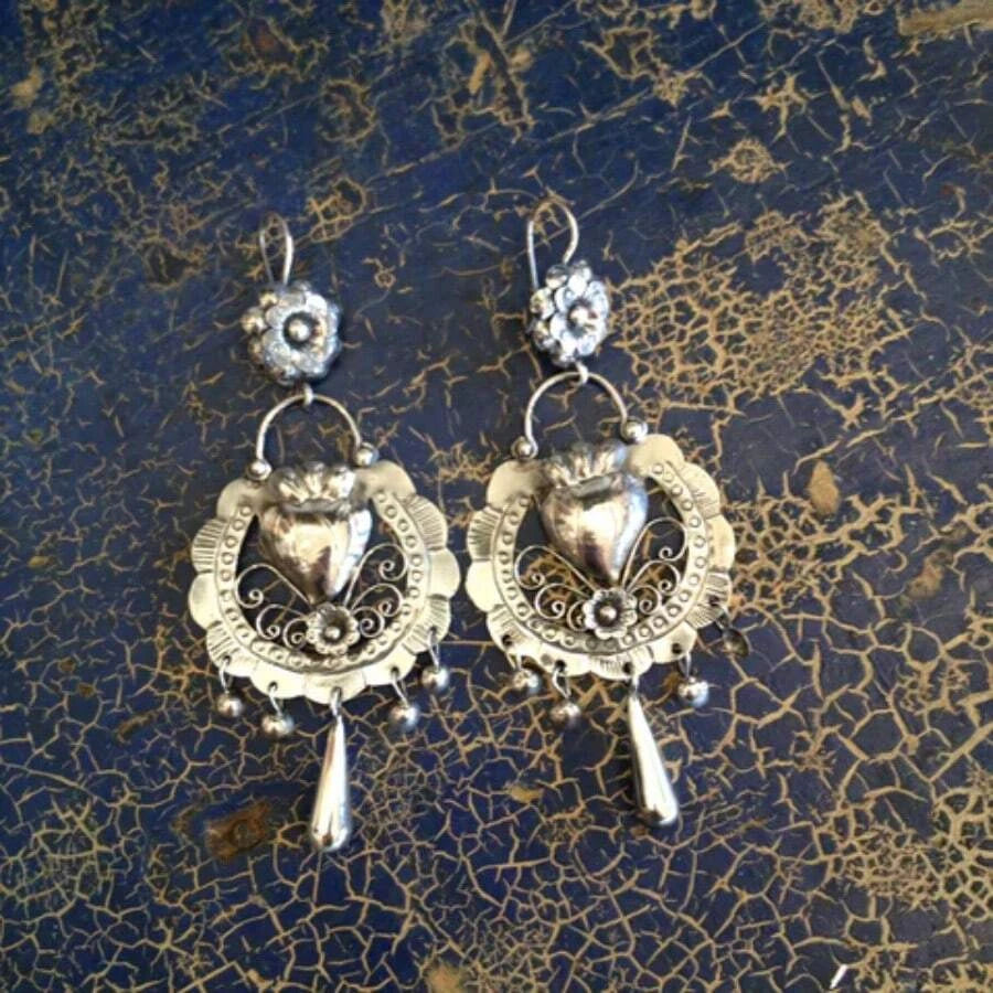 Silvery Sacred Heart Dangle Earrings