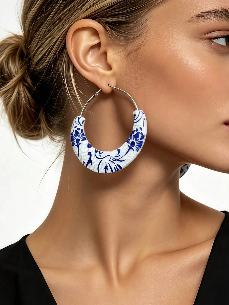 Porcelain Print Hammered Hoop Earrings