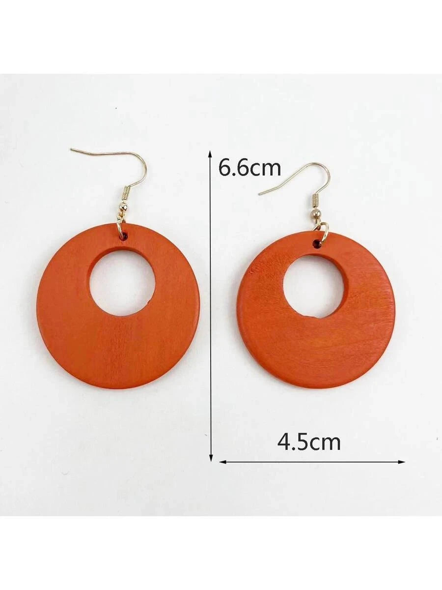 Vintage Wooden Hollow Circle Pendant Earrings