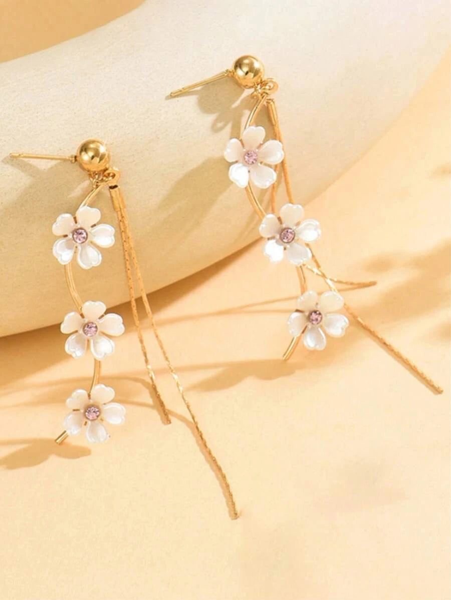 Floral Rhinestone Tassel Stud Earrings
