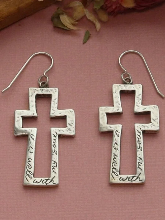Vintage Engraved Cross Drop Earrings
