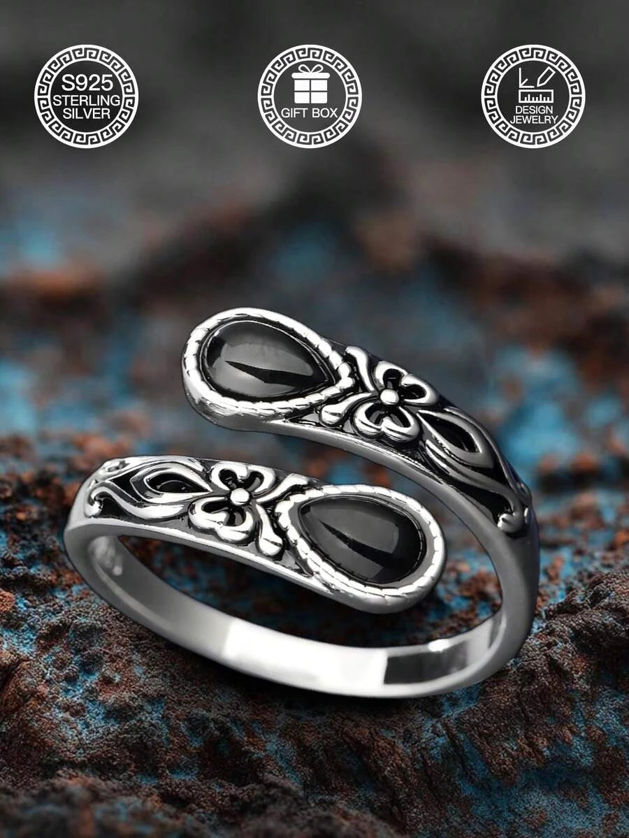Sterling Silver Black Agate Spoon Ring
