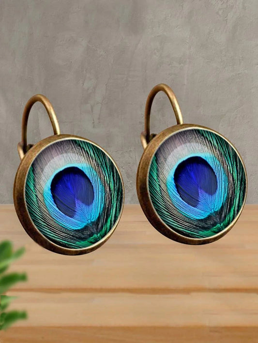 Peacock Feather Pattern Round Stud Earrings