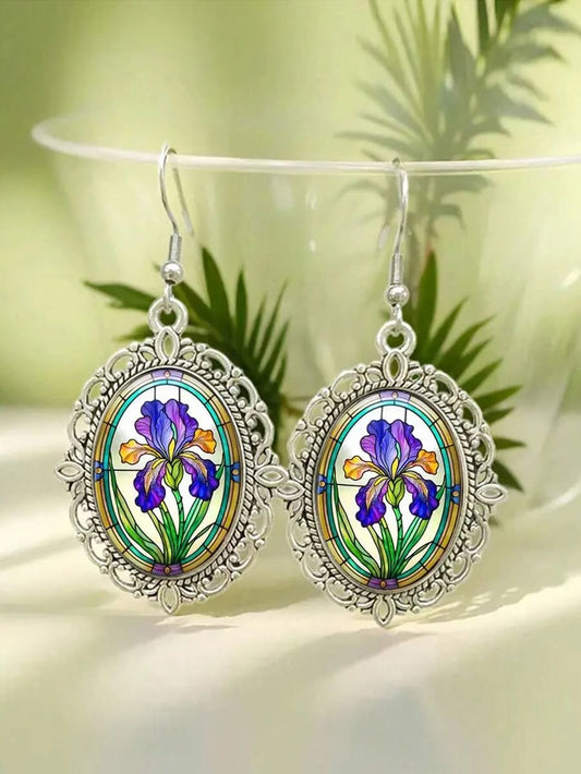 Vintage Floral Oval Iris Flower Earrings