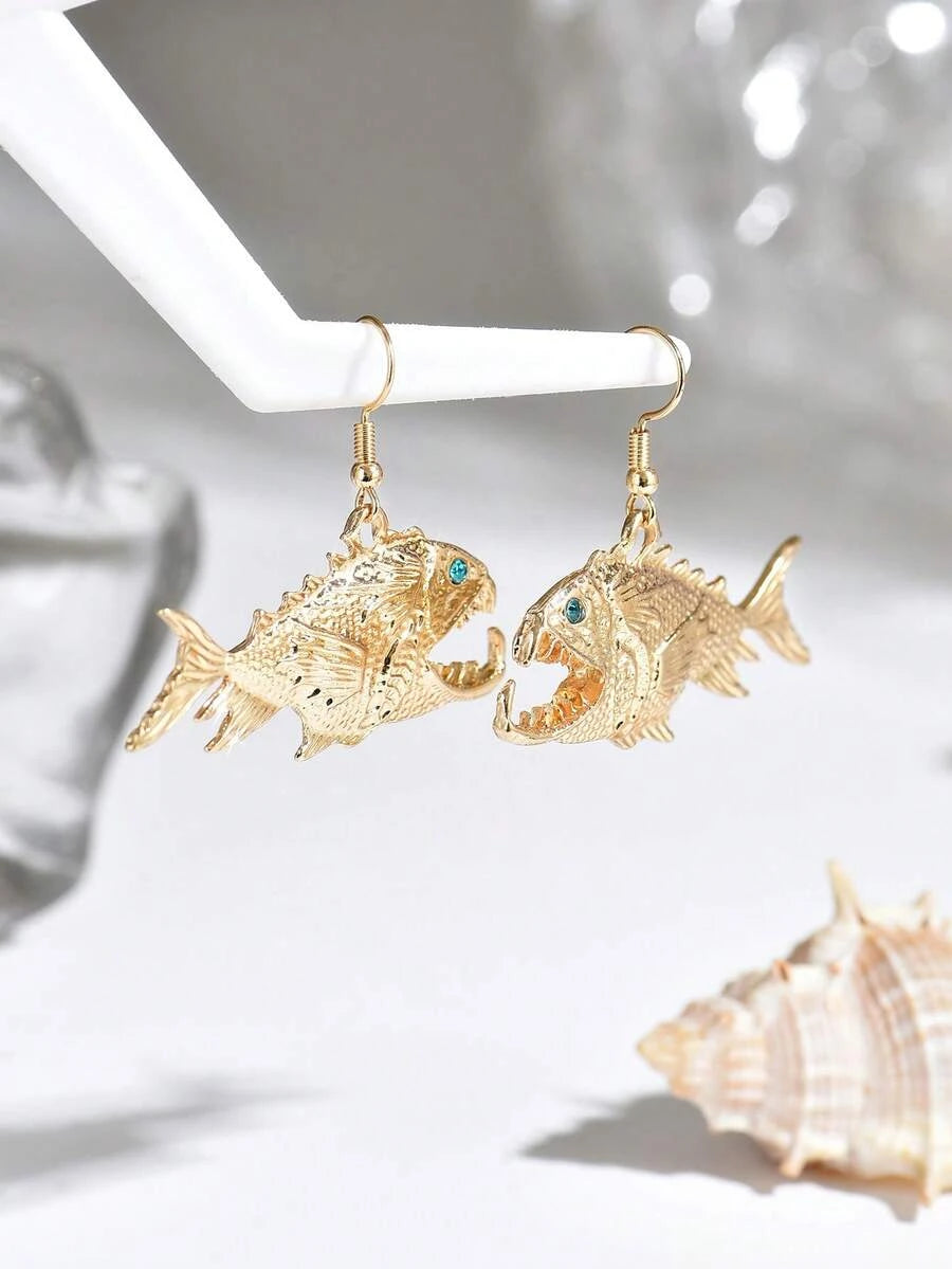 Vintage Golden Piranha Fish Drop Earrings