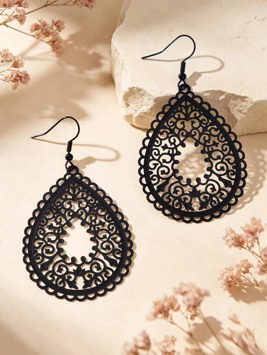 Black Hollow Teardrop Earrings