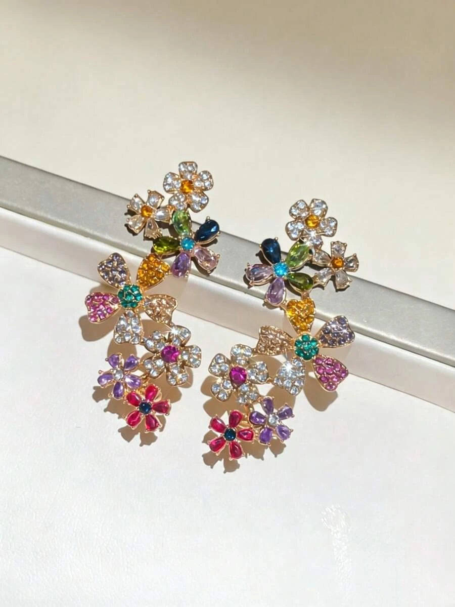 Colorful Floral Rhinestone Clip On Earrings