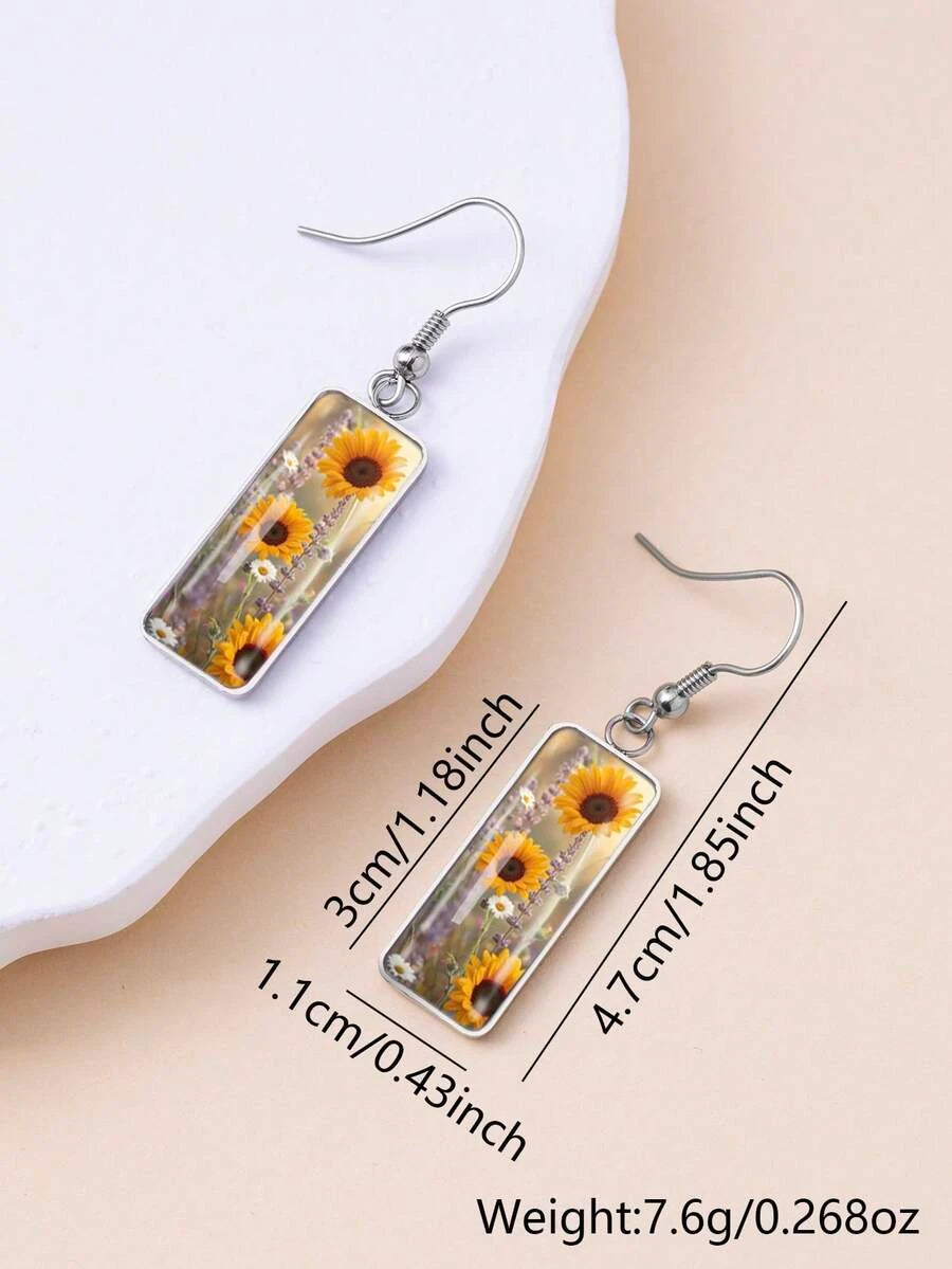 Vintage Sunflower Print Drop Earrings