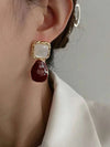 Burgundy Asymmetrical Square Earrings