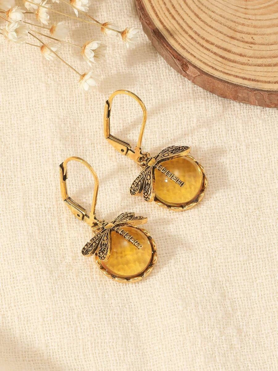 Vintage Dragonfly Green Crystal Pendant Earrings