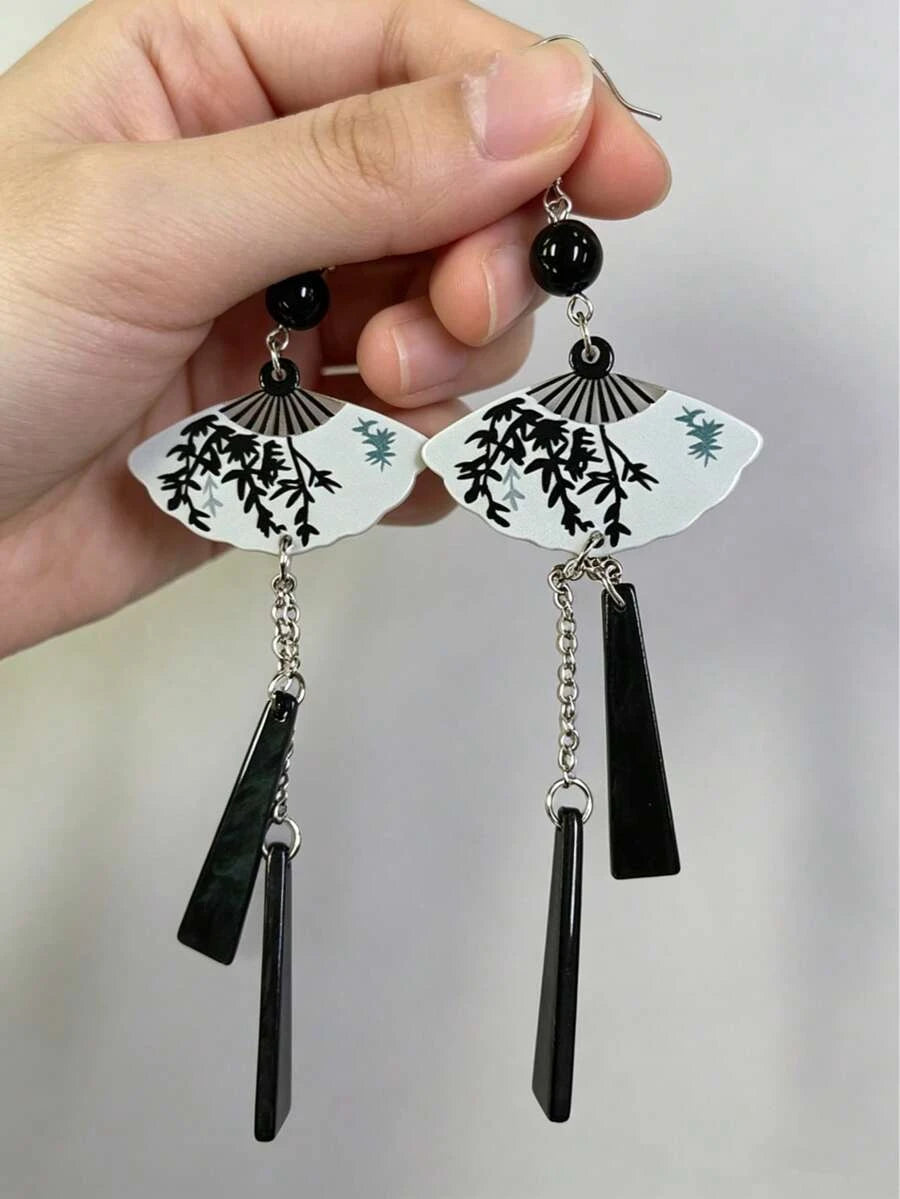 Chinese Style Folding Fan Pearl Earrings