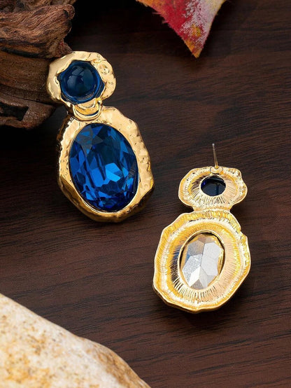 Minimalist Blue Oval Gemstone Asymmetrical Earrings