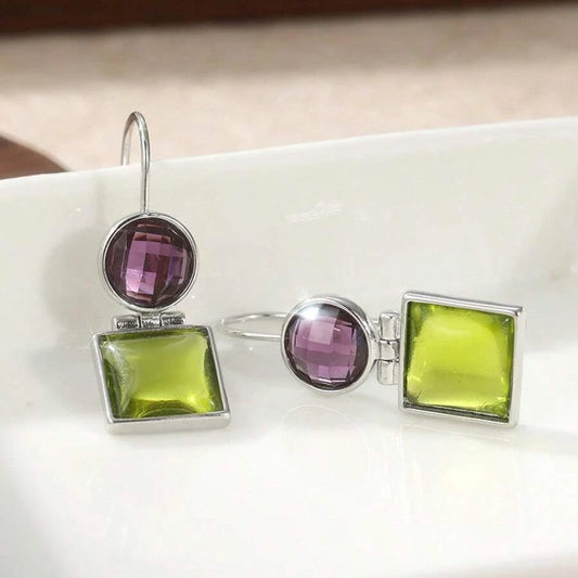 Vintage Purple Green Faux Crystal Pendant Earrings