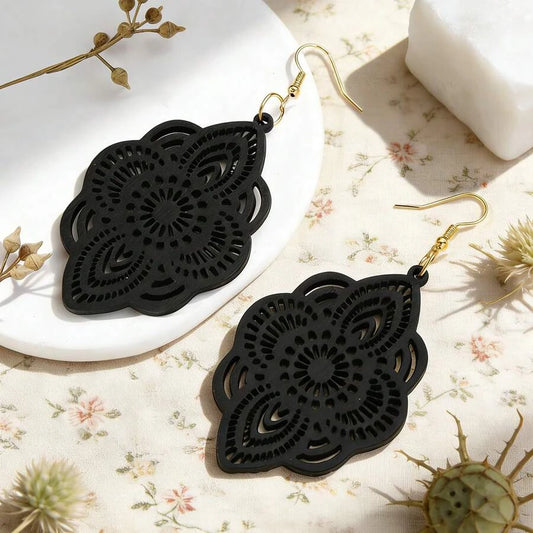 Wooden Lace Pattern Carved Pendant Earrings