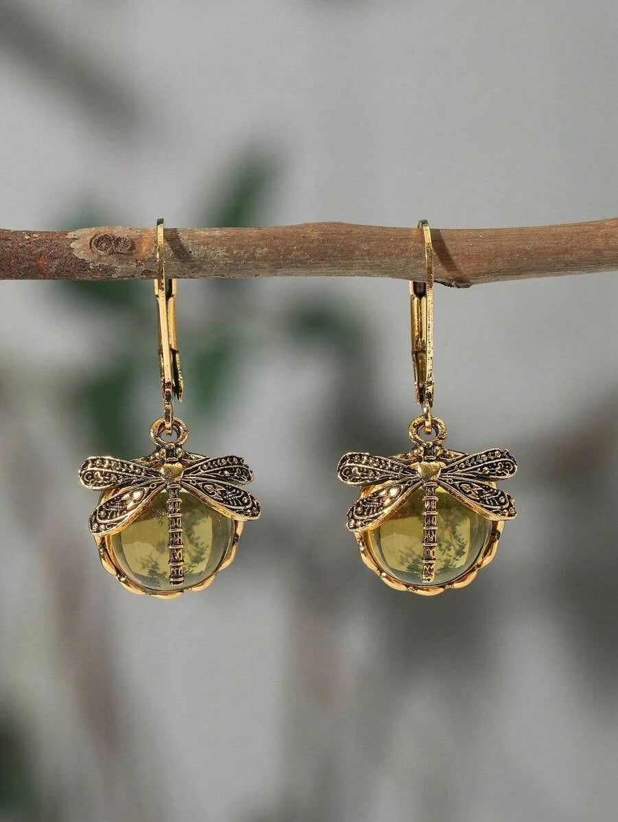 Vintage Dragonfly Crystal Drop Earrings