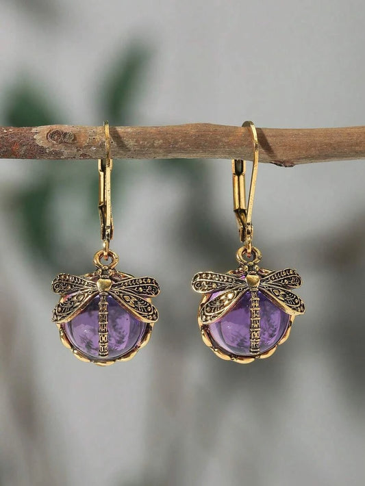 Vintage Dragonfly Green Crystal Pendant Earrings
