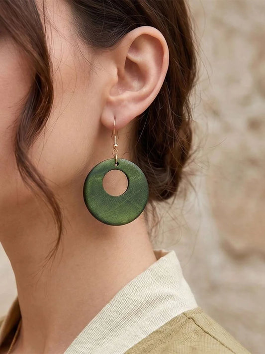 Vintage Wooden Hollow Circle Pendant Earrings