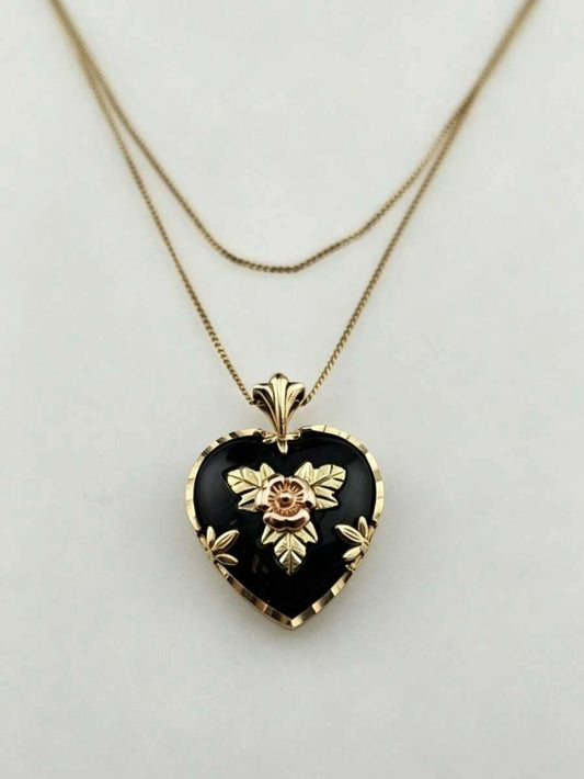 Vintage Black Enamel Heart Pendant Necklace