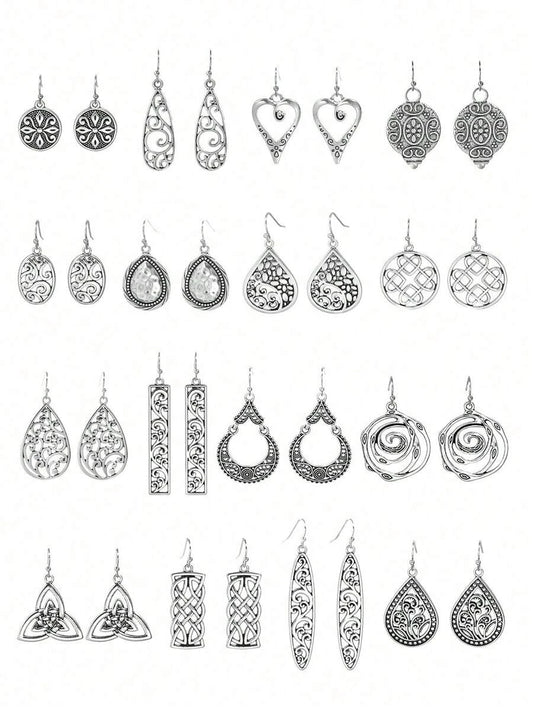 16 Pairs Bohemian Vintage Hollow Heart Earrings Set, Fashion Delicate Versatile High-End Design, Suitable For Women's Daily Wear