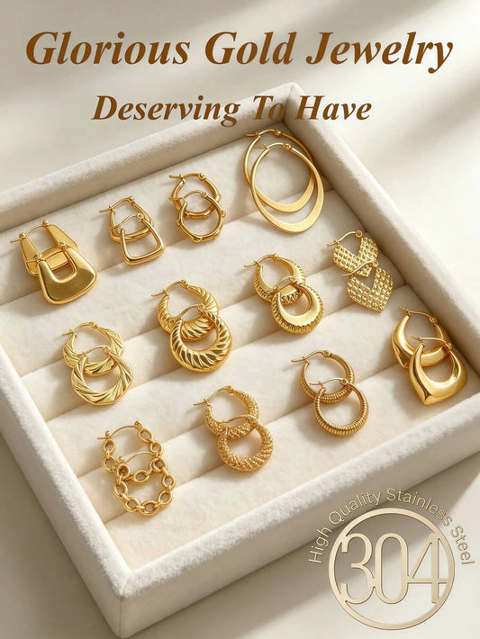 Stainless Steel Gold Ring Earring Set