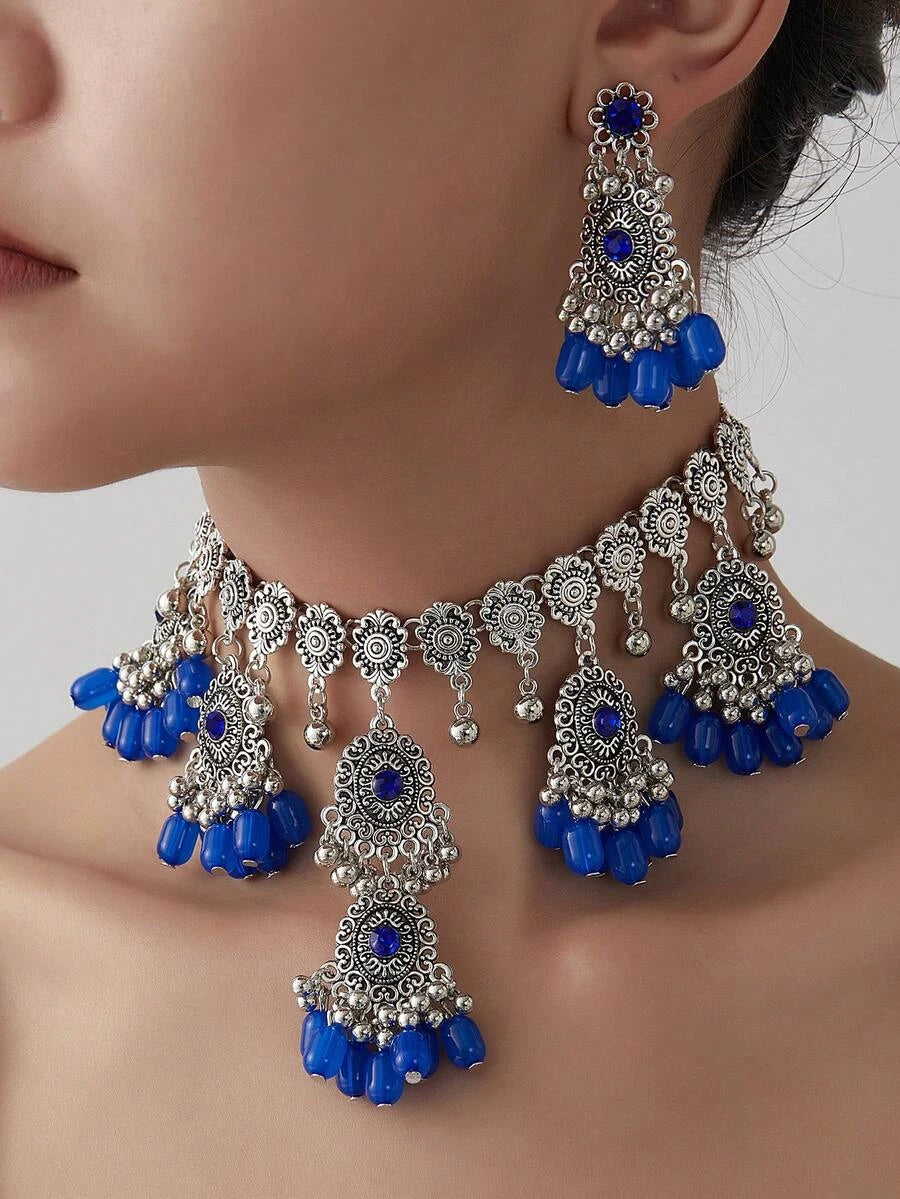 Vintage Tassel Oval Necklace Earring Set