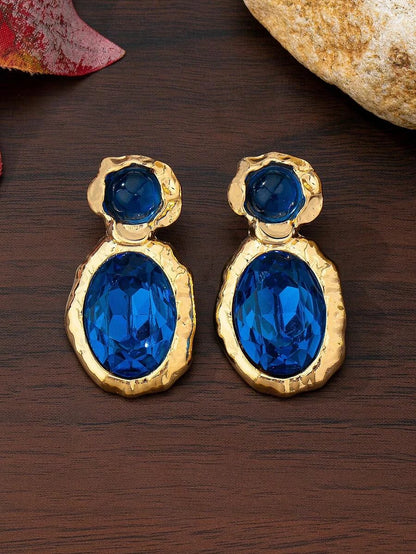 Minimalist Blue Oval Gemstone Asymmetrical Earrings