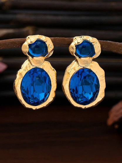 Minimalist Blue Oval Gemstone Asymmetrical Earrings