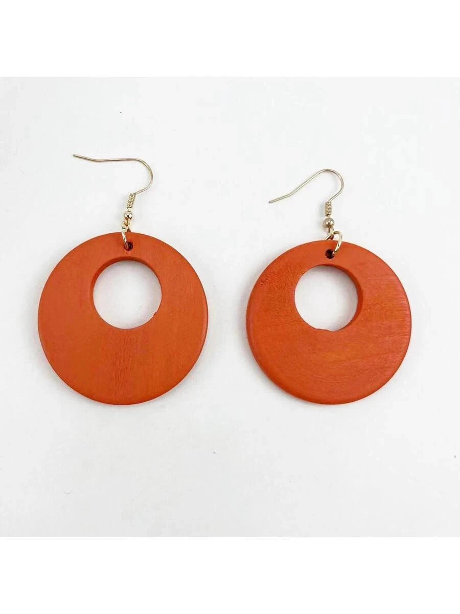 Vintage Wooden Hollow Circle Pendant Earrings