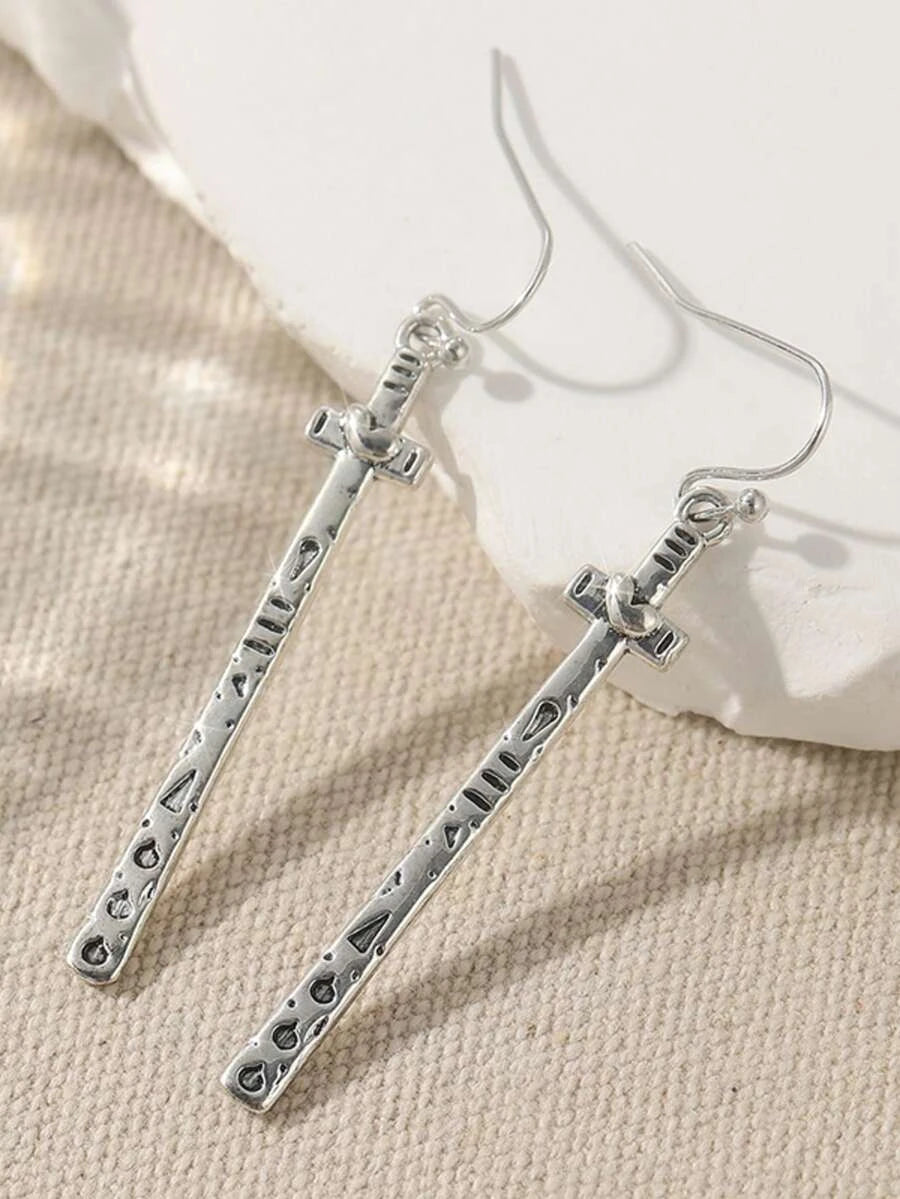 Vintage Silver Hollow Cross Drop Earrings