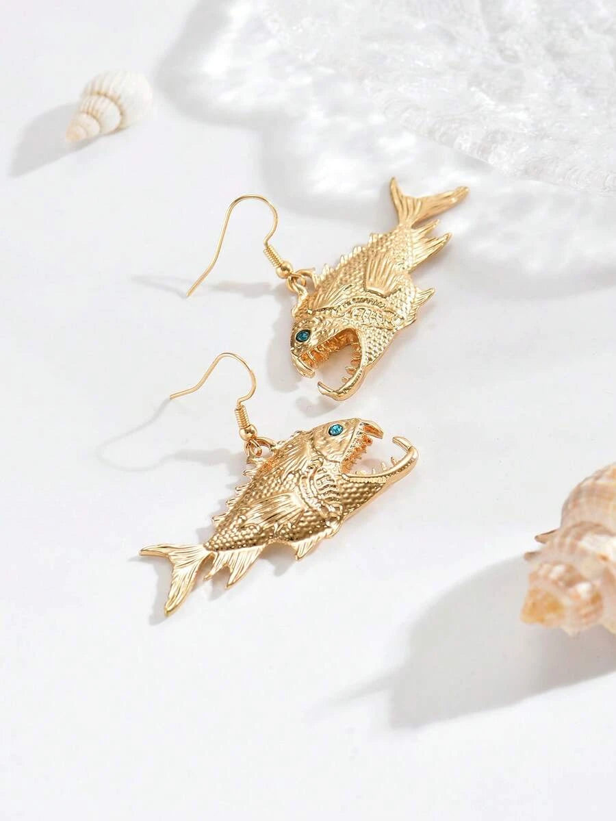 Vintage Golden Piranha Fish Drop Earrings