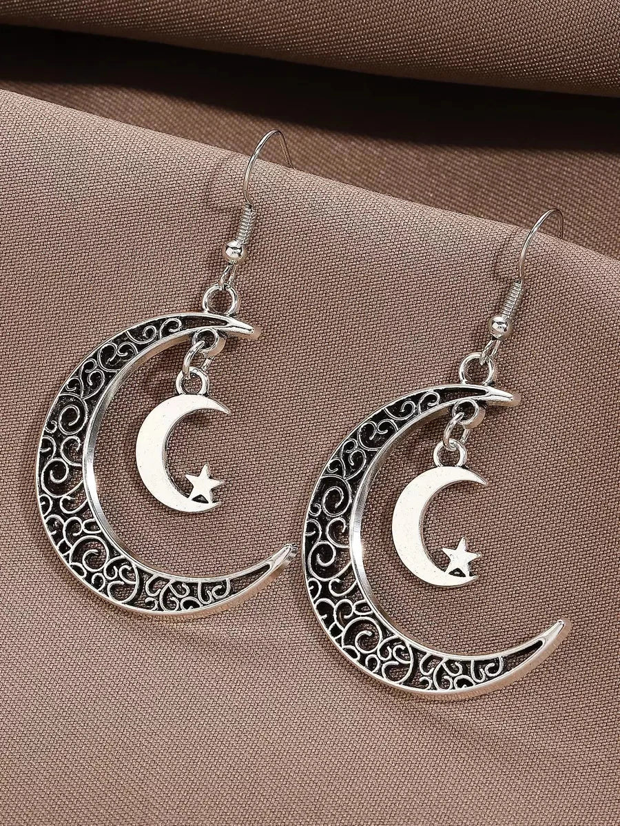 Retro Asymmetric Crescent Moon Drop Earrings