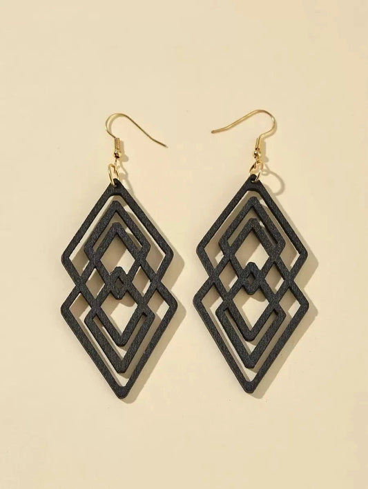 Hollow Geometric Wood Drop Earrings
