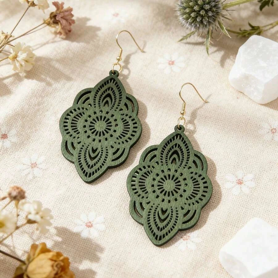 Wooden Lace Pattern Carved Pendant Earrings