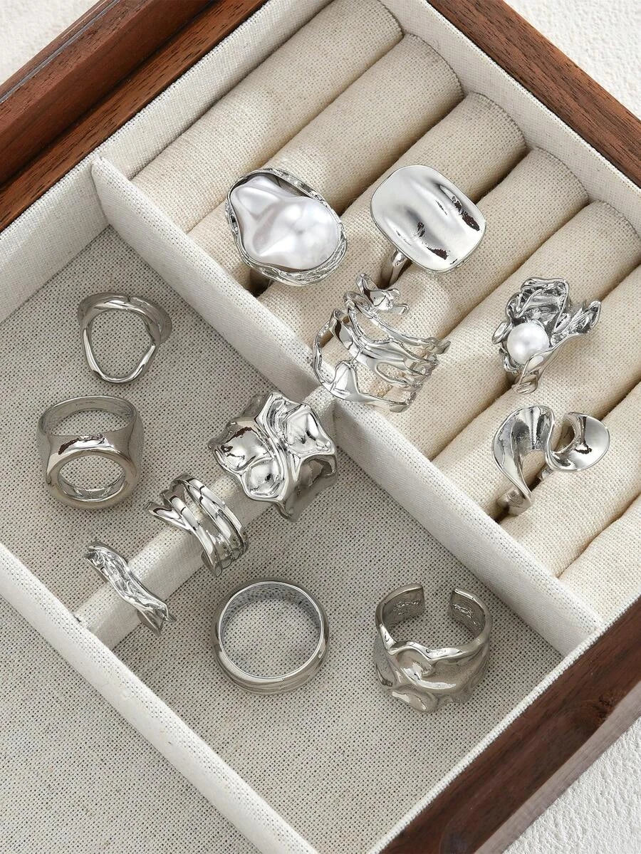 12/6pcs Set Elegant Vintage Delicate Party Style Faux Pearl Ruffle Geometric Metal Rings Set, Geometric Line Design Suitable For Women Daily, Party, Vacation Wear, Versatile Stackable, Perfect Gift For Holidays