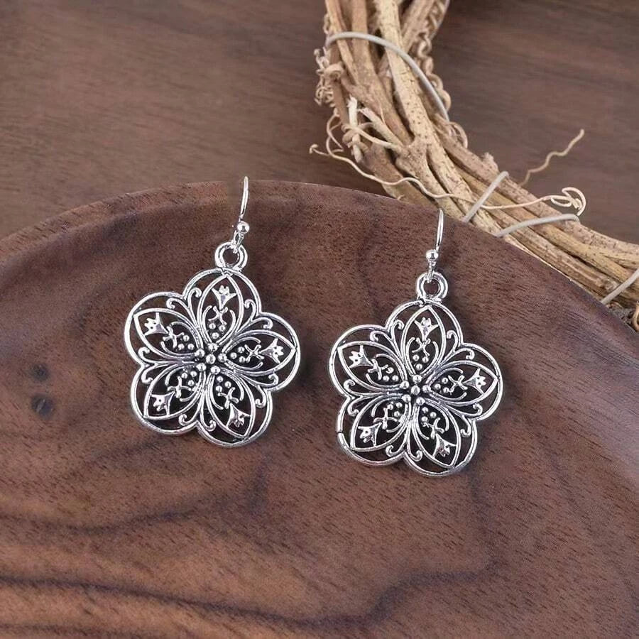 Vintage Silver Flower Drop Earrings