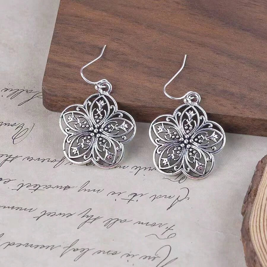 Vintage Silver Flower Drop Earrings