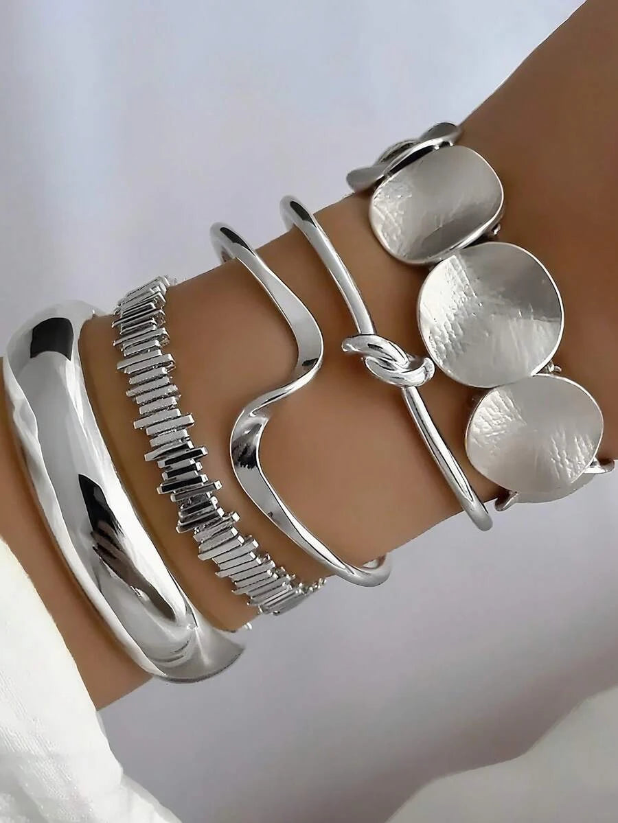 12pcs Vintage Exaggerated Luxurious Geometric Striped Twist Open Design Women Metal Silver Bangle Bracelet Set, Suitable For Daily Wear, Gift, Stackable