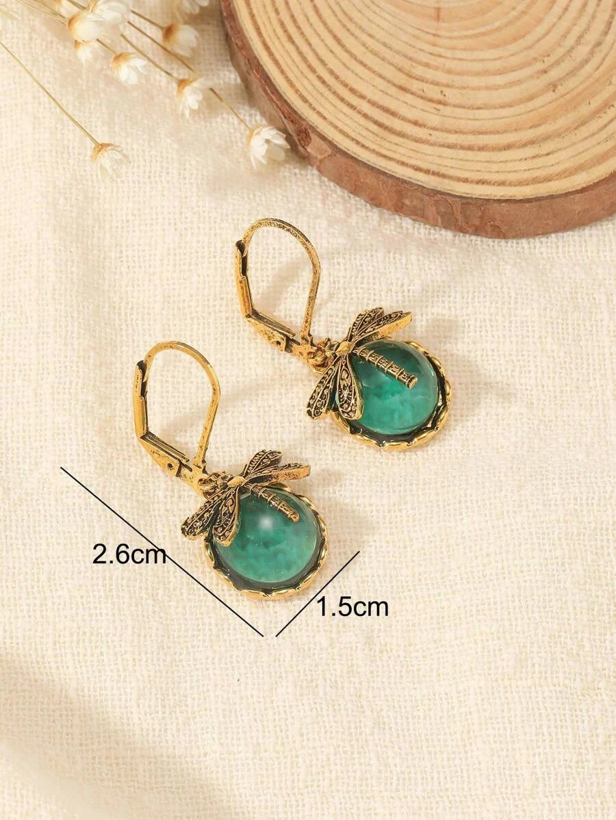 Vintage Dragonfly Green Crystal Pendant Earrings