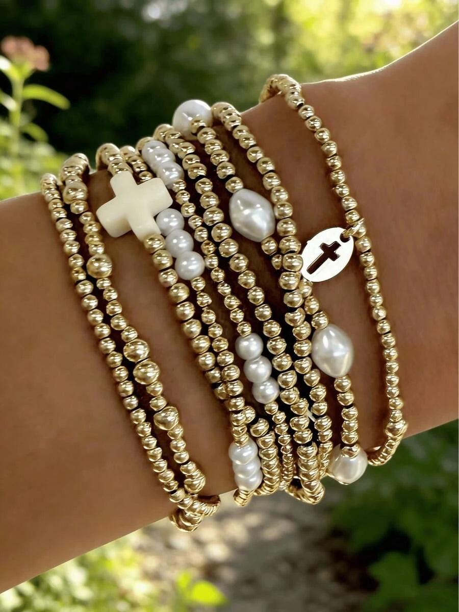 Golden Bead Faux Pearl Bracelet Set