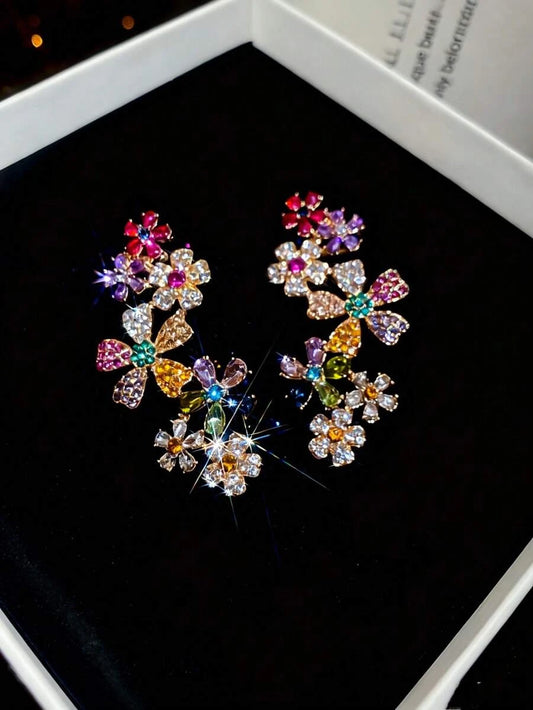 Colorful Floral Rhinestone Clip On Earrings