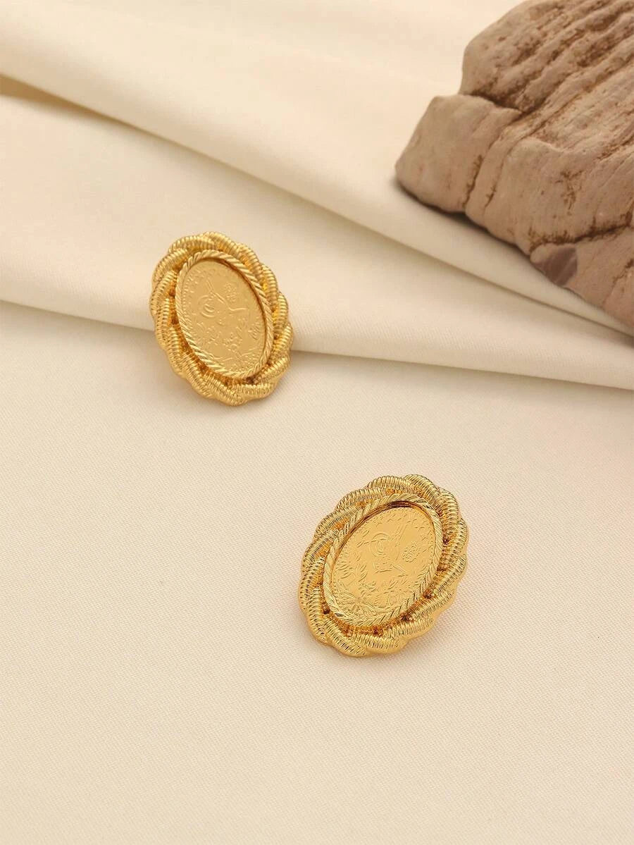 Retro Oval Coin Stud Earrings