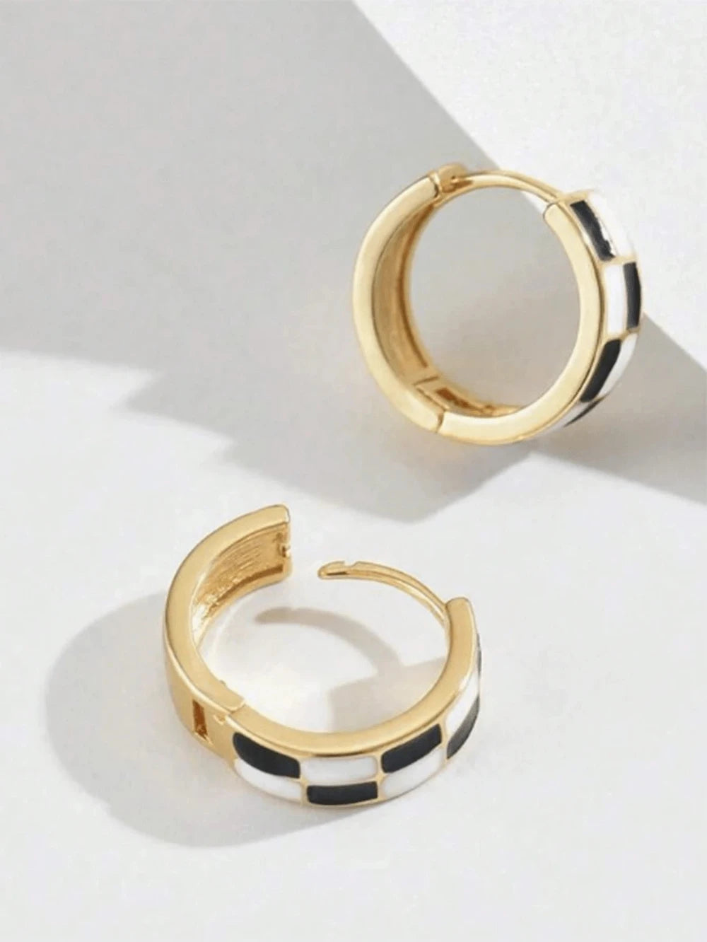 Gold Plated Brass Checkerboard Hoop Earrings