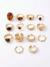 13pcs Fashion Luxury Vintage Sun Gemstone Open Ring Set, Designer Ins Style Metallic Glossy Wrinkled Finger Rings, Suitable For Party, Vacation, Gift For Friends And Family, Daily Wear