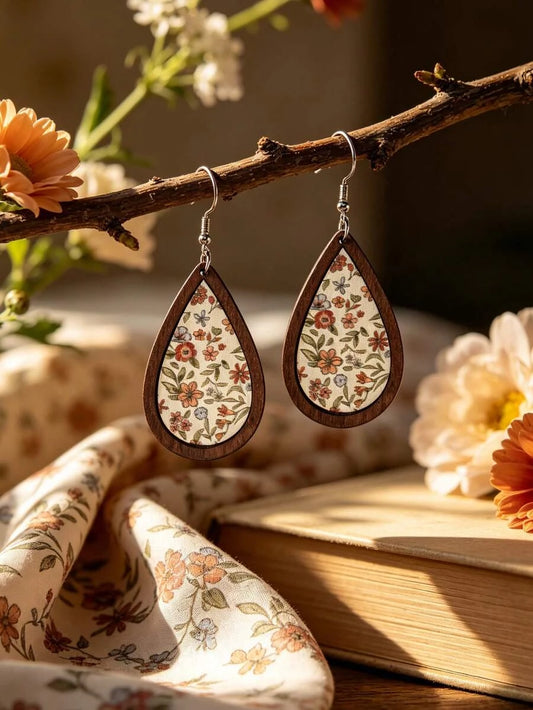 Vintage Wooden Flower Teardrop Earrings