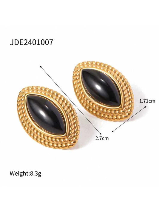 Retro Gold Plated Black Agate Crown Stud Earrings