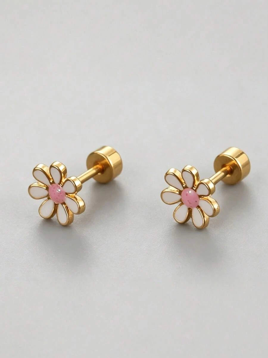 Gold Flower Screw Stud Earrings