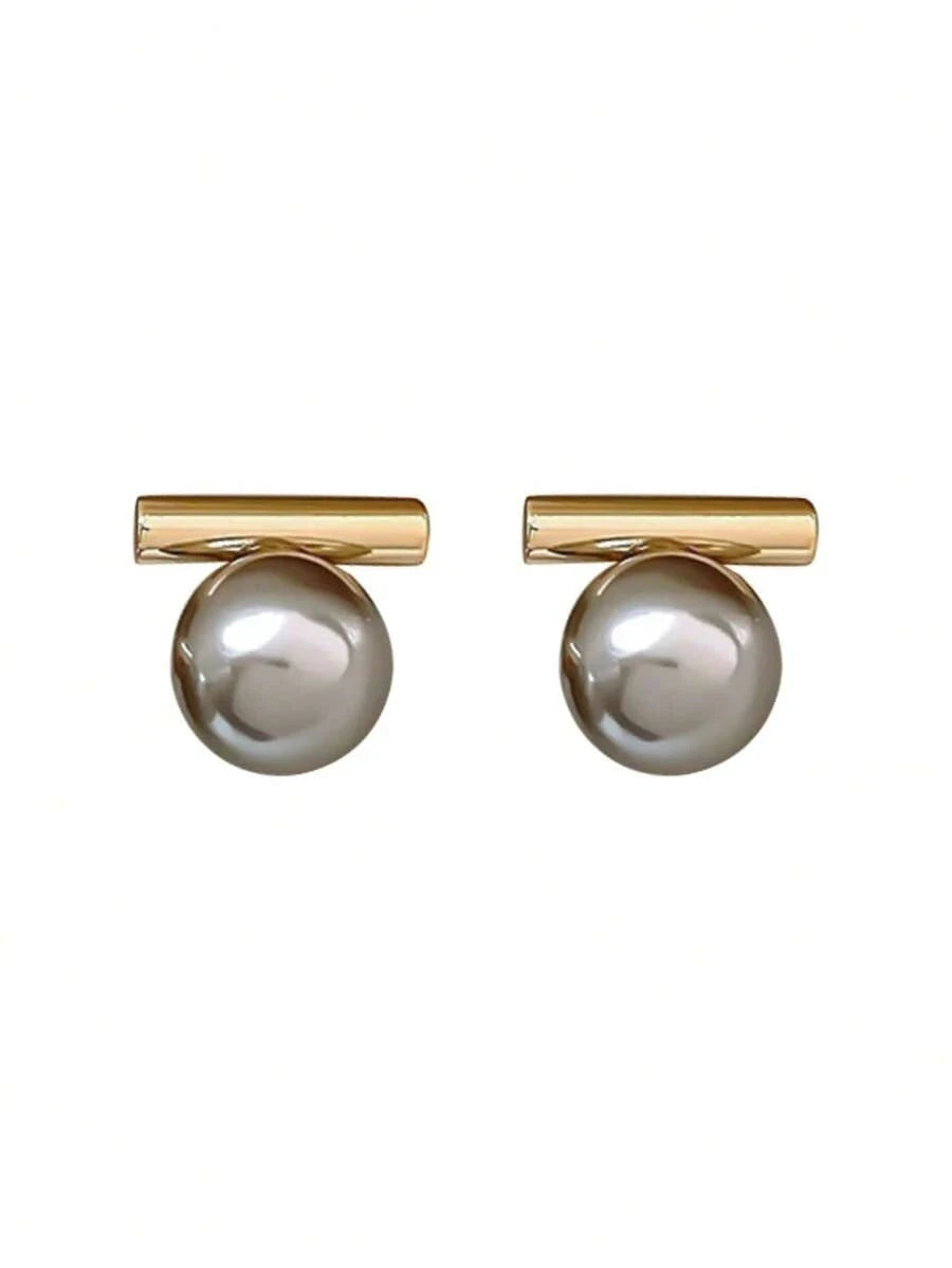 Gold Plated Gray Pearl Stud Earrings