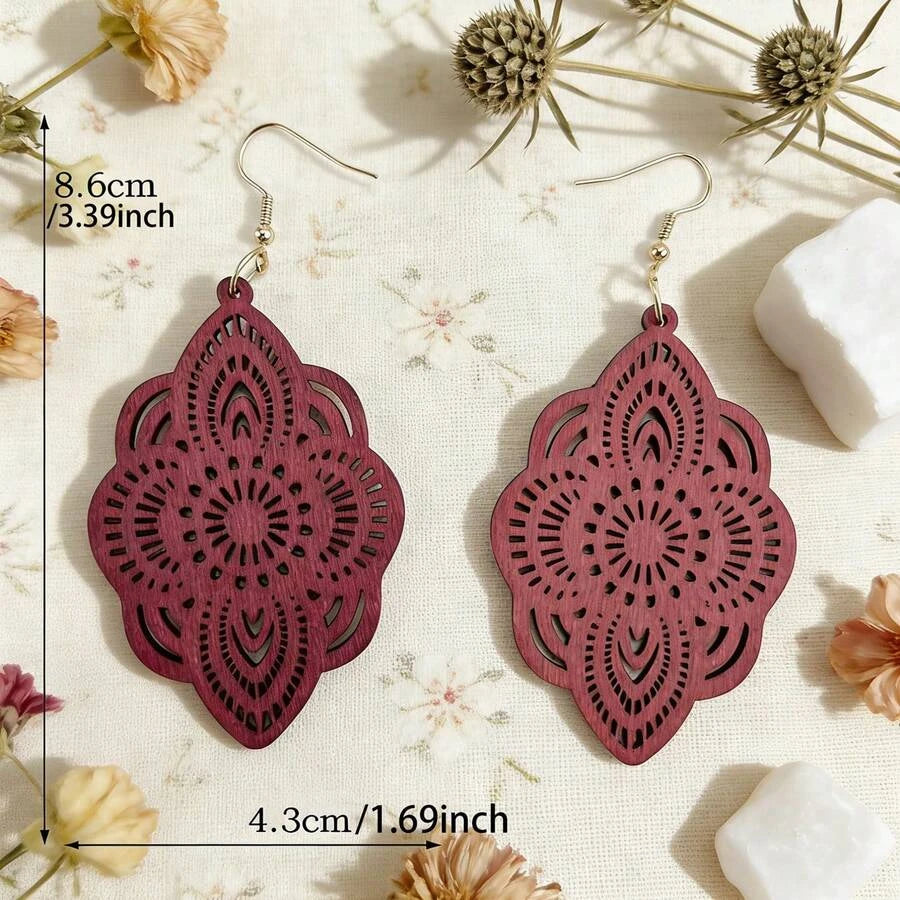 Wooden Lace Pattern Carved Pendant Earrings