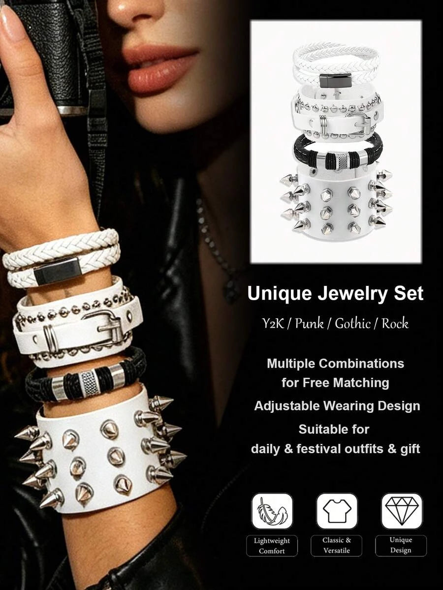 Punk Studded Faux Leather Bracelet Set
